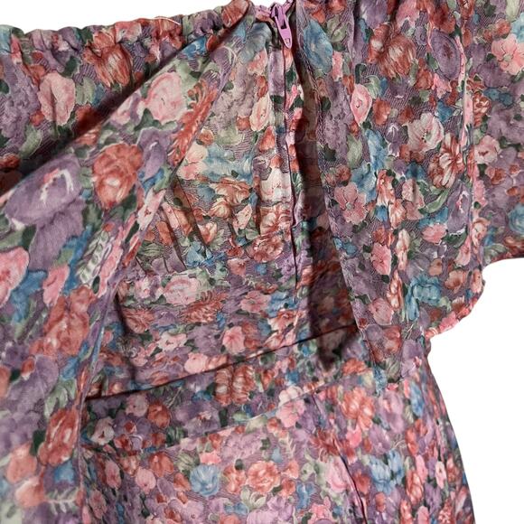 Vintage Samuel Blue Floral Off Shoulder Dress Size 14 Romantic Midi - Picture 8 of 10